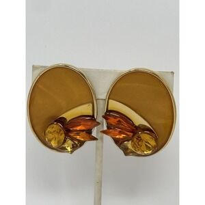Lucite Clip-On Earrings Vintage Mid-Century BOLD Amber & Gold Tone 1950s Retro
